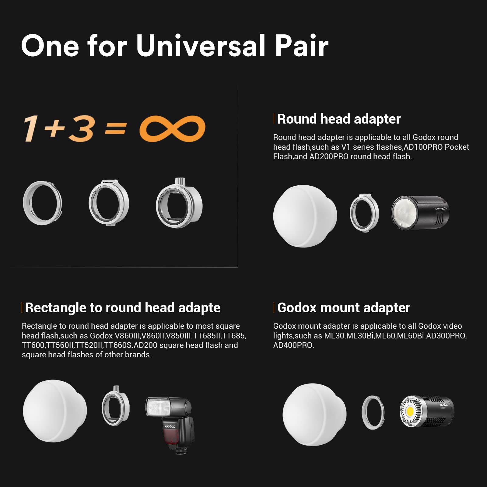 Godox Ml Cd15 Diffusion Dome With 3 Adapters, Flash Light Diffuser, Compatible For Godox V1 Series Ml30 Ml60 Ml60Bi Ad200 Ad200P