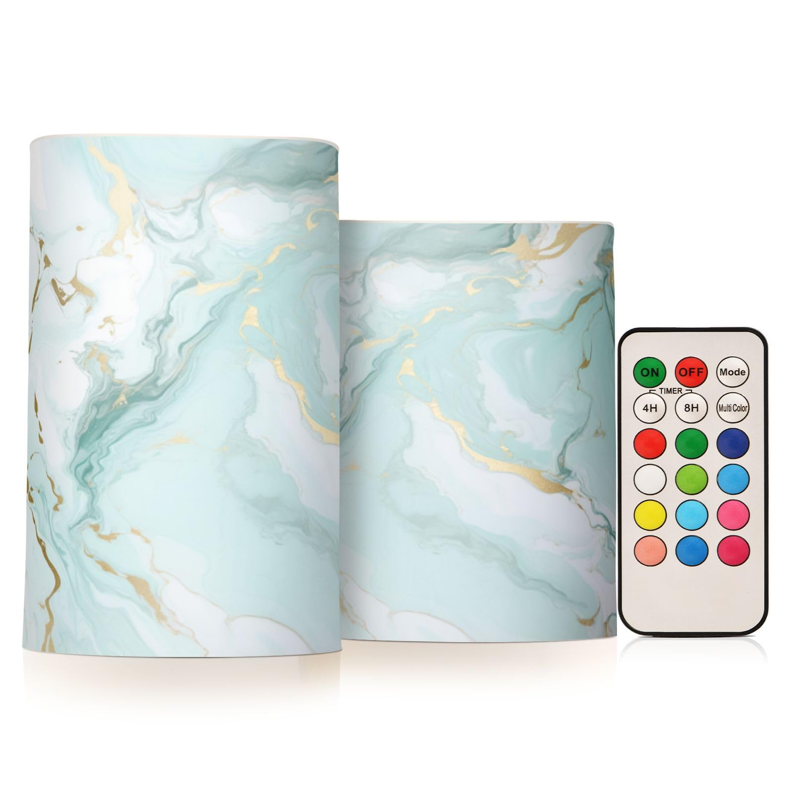 BOENLE Flickering Flameless Candles, Teal Marble Design LED Candles with Remote Timer, Set of 2 Battery Operated Candle for Vale