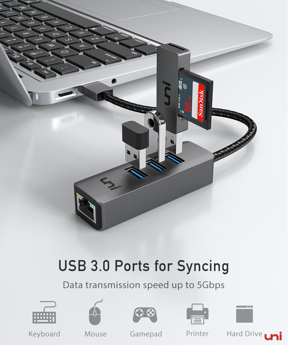 Uni Usb To Ethernet Adapter, Usb 3.0 Hub With 100/1000 Mbps Rj45 Ethernet Driver Free, Sturdy Aluminum 4 In 1 Usb A To Lan Netwo