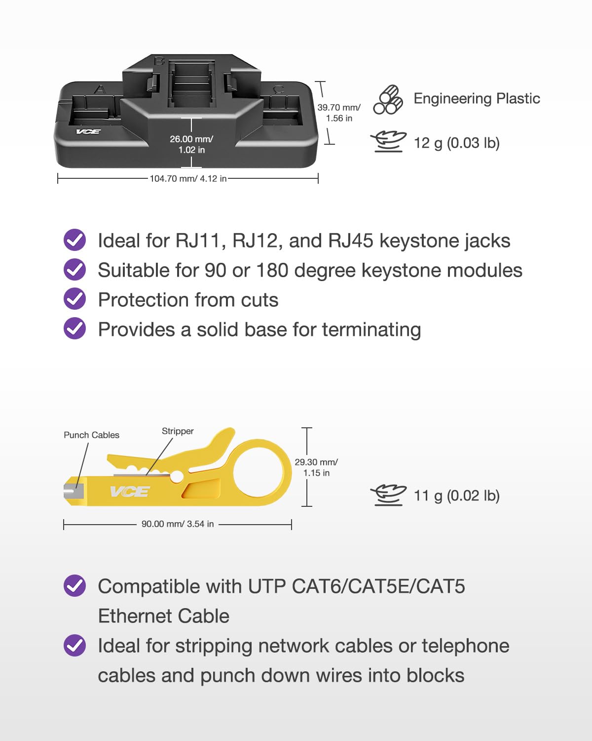Vce Rj45 Cat6 Keystone Jacks Ul Listed 50 Pack, Utp Ethernet Keystone Jacks With Keystone Punch Down Stand Tool And Wire Strippe