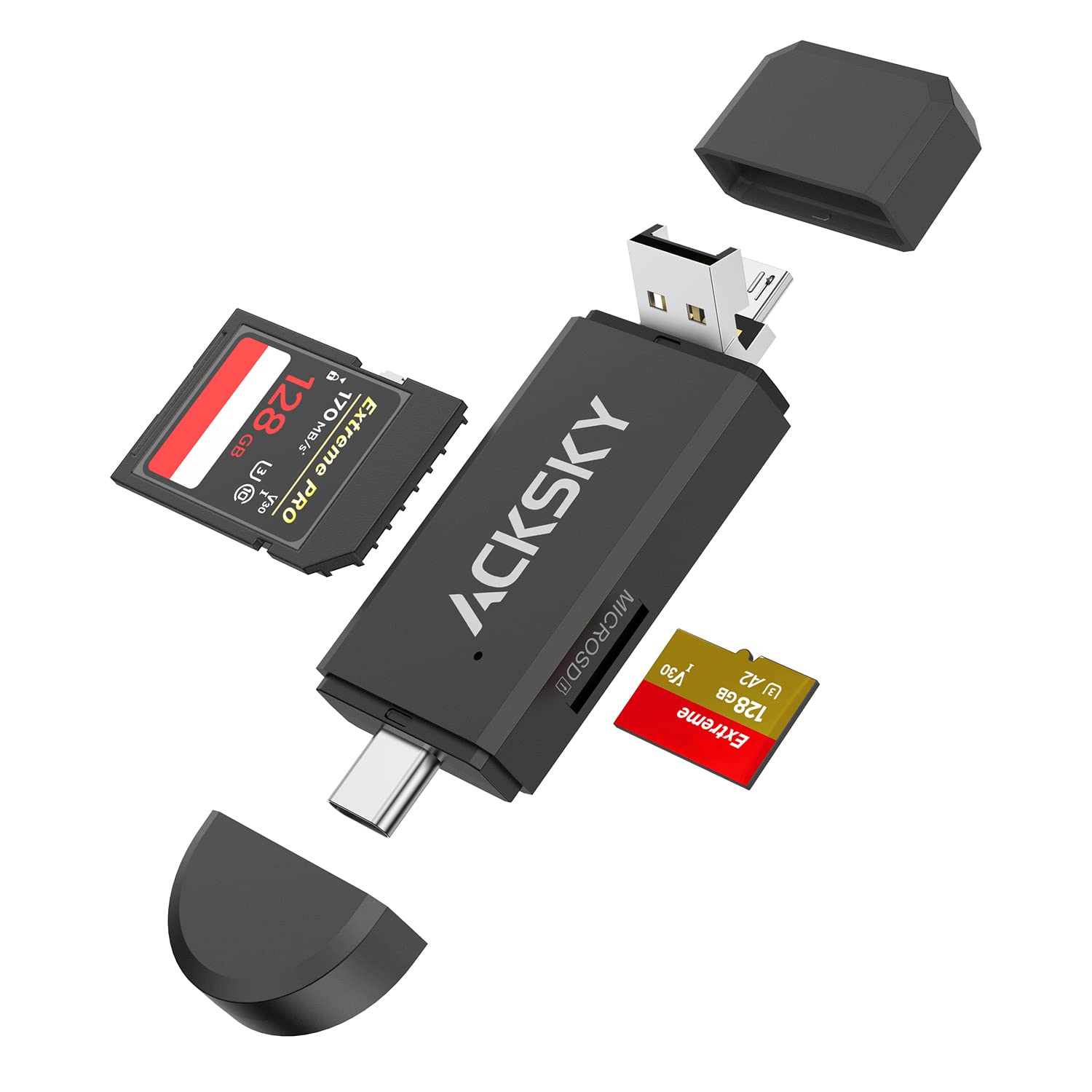 Sd Card Reader, Acksky 3 In 1 Micro Sd Card Reader Usb C Usb A Micro Usb, Memory Card Adapter Otg For Computer, Android, Laptop,