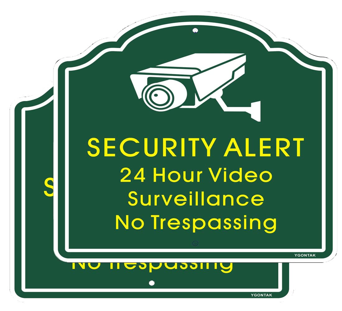 2Pcs 24 Hour Video Surveillance Waring Reflective Sign No Trespassing Sign Security Alert 12X12 Inch Aluminum Alloy Cctv Securit