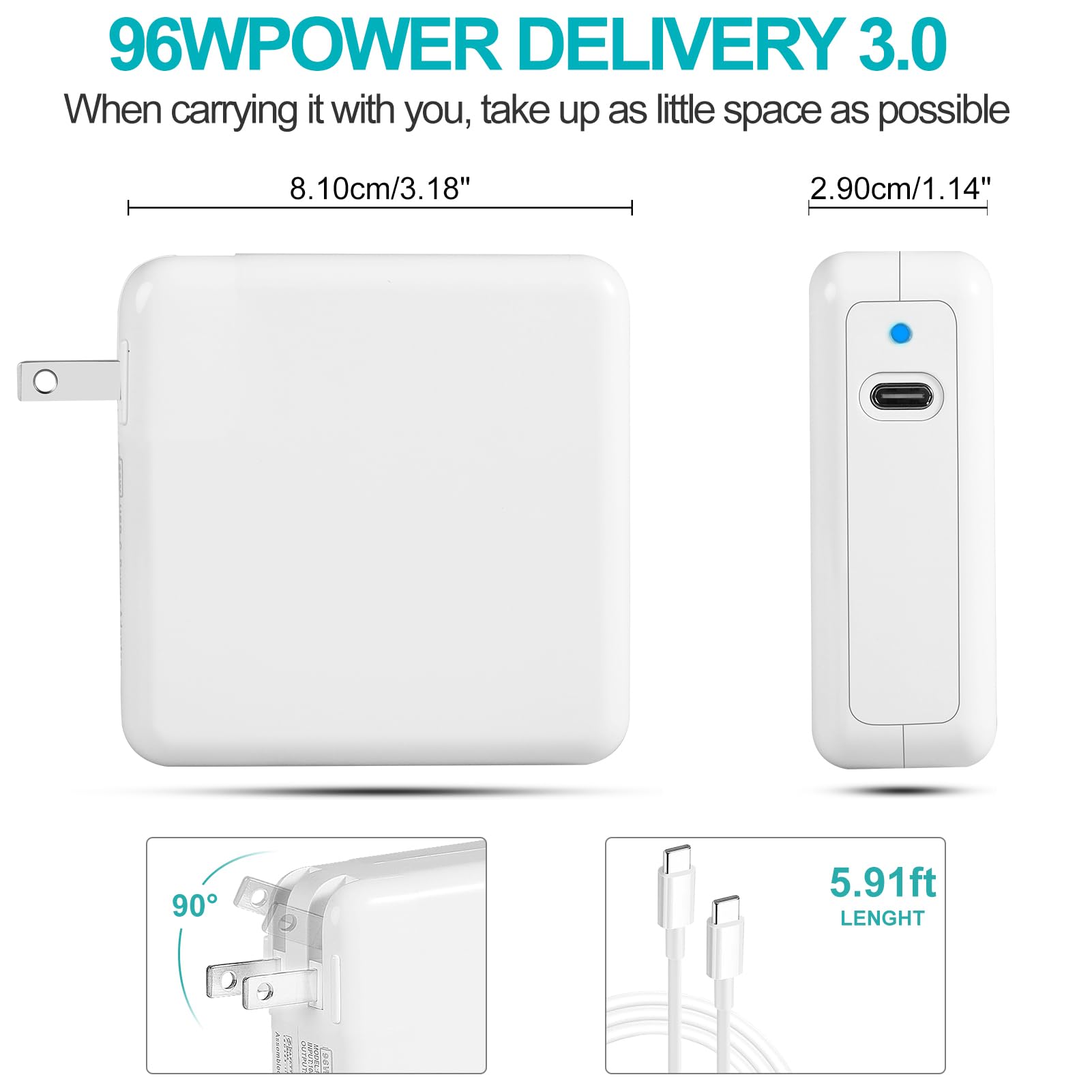 Mac Book Pro Charger 96W Usb C Fast Charger Power Adapter Compatible With Usb C Port Macbook Pro/Macbook Air 16 15 14 13 Inch Ne