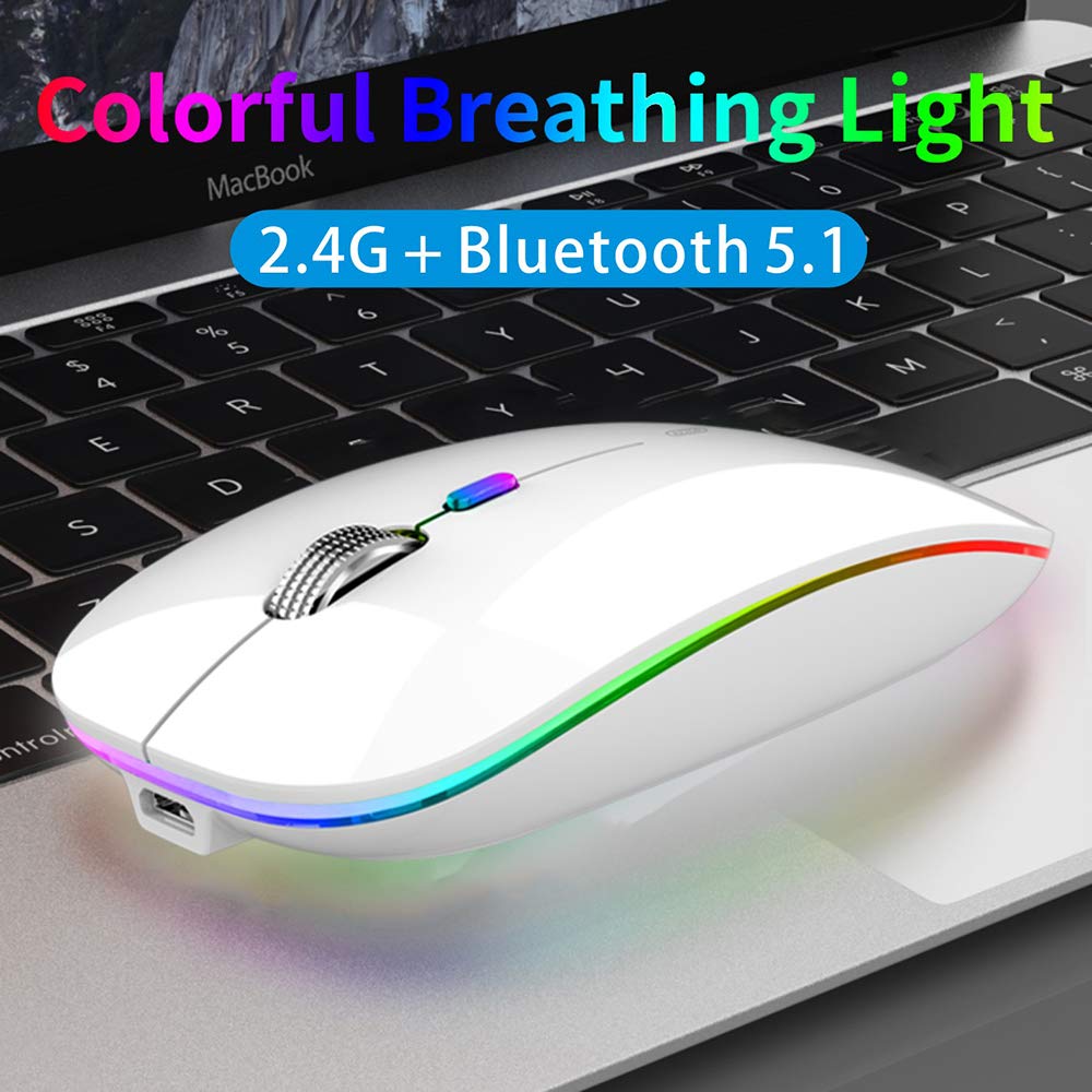 Tenmos Wireless Bluetooth Mouse, Led Slim (Bluetooth 5.1 + Usb) 2.4Ghz Rechargeable Silent Bluetooth Wireless Mouse With Type C Adapter For Laptop/Macbook/Ipad Os 13 And Above (White)
