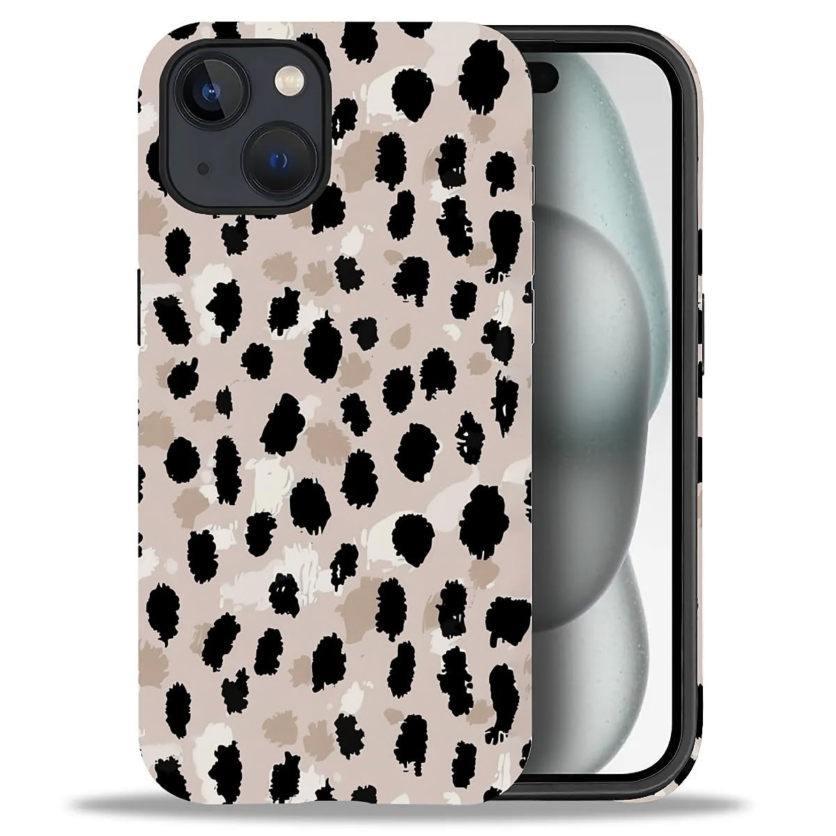 WANKBLC Compatible with iPhone 15 Matte Case, Cute Black Brown Leopard Print Pattern for Girl Full Body Design Soft Silicone Dro