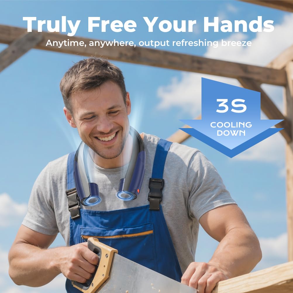 Vosfeel Outdoor Neck Fan 8000Rpm Hurricane Wind, Portable Personal Fan Rechargeable, Battery 20H, 6 Adjustable Cooling Speeds, 3