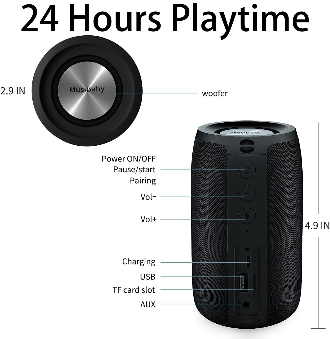 Bluetooth Speaker, Musibaby Wireless Portable Speaker   Waterproof, Outdoor, Bluetooth 5.0, Dual Pairing, Loud Stereo, Deep Bass, 24H Playtime   Gift Ideas For Home, Party, Travel (Blk)