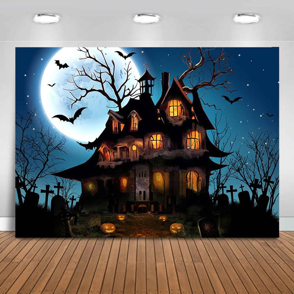 Mocsicka Halloween Backdrop For Photography Blue Night Moon Haunted House Background Spooky Cemetery Hollween Costume Party Deco