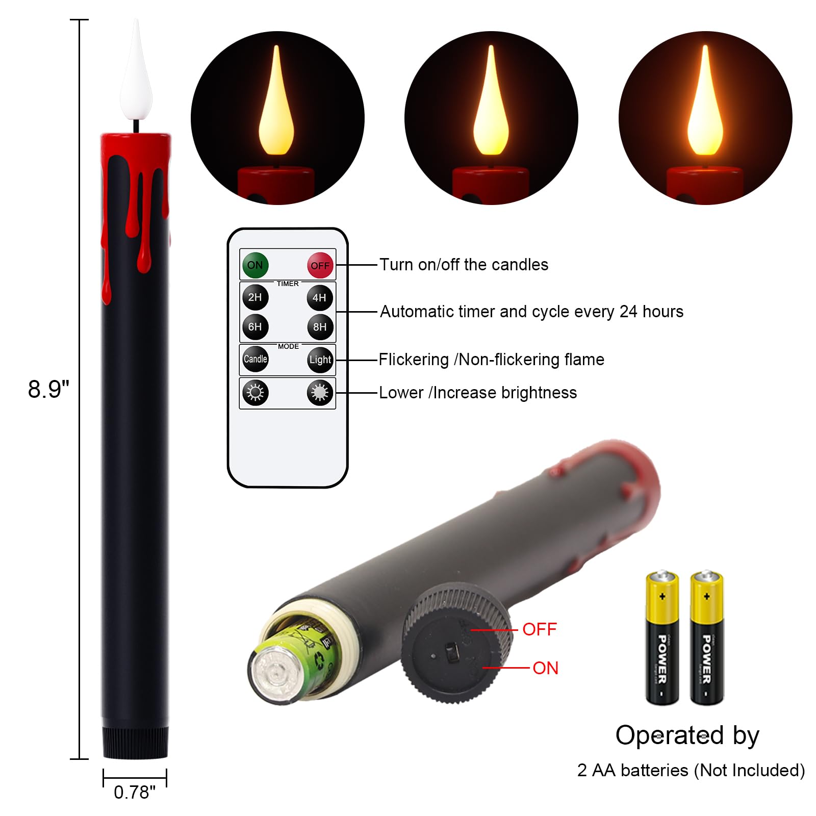 Lasumora Halloween Black Flameless Taper Candles Flickering With Remote Timer, Battery Operated Led Taper Candle, 4 Pcs Drip Wax