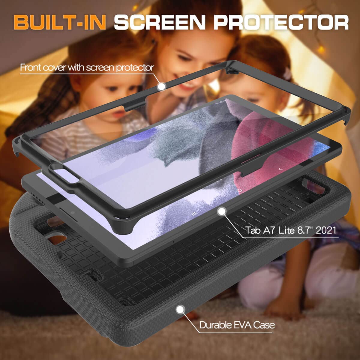 Toevek Kids Case For Samsung Galaxy Tab A7 Lite 8.7 Tablet, Built-In Screen Protector, Shockproof Handle Stand Protective Case F