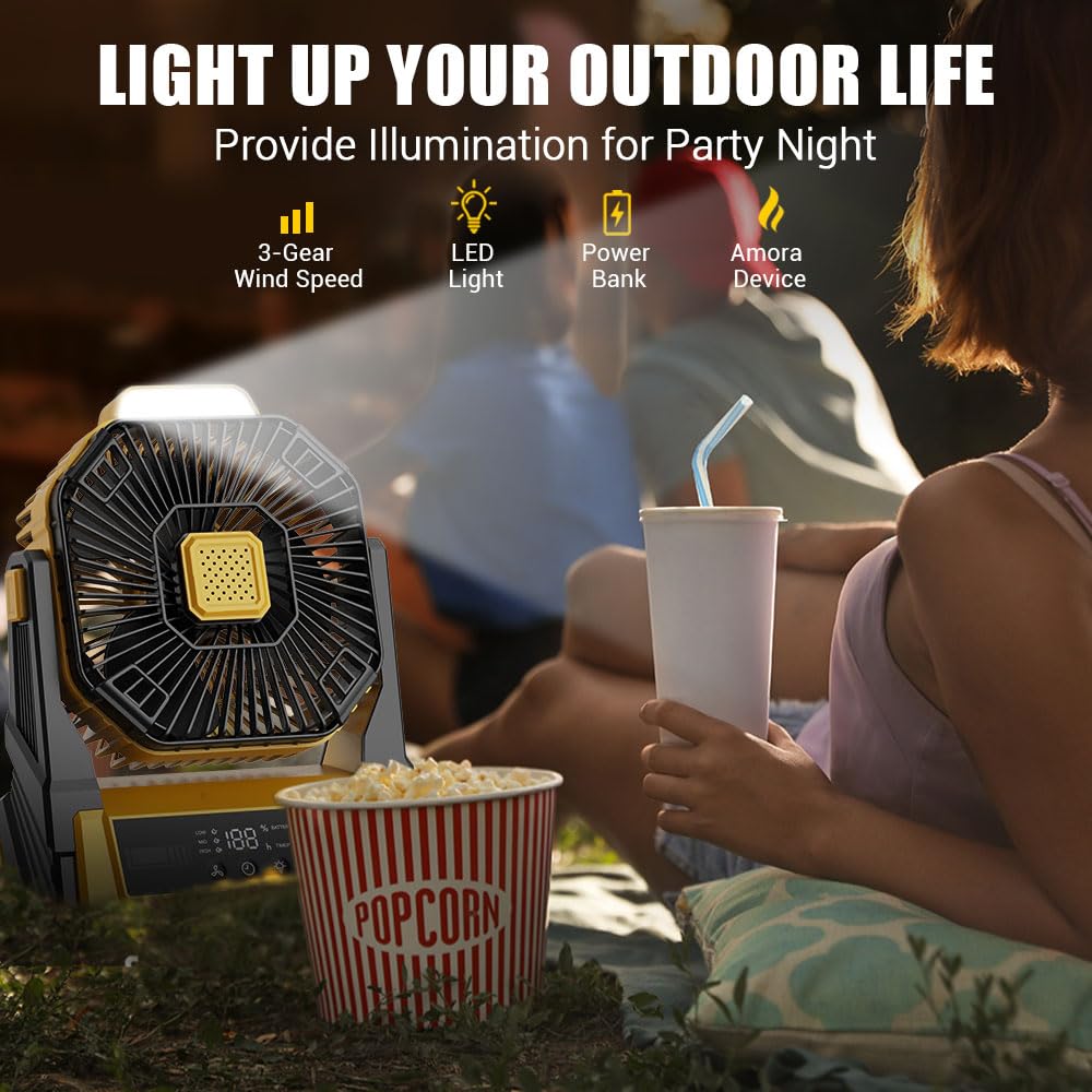 Instern Camping Fan With Led Lantern, 20000Mah Rechargeable Battery Operated Outdoor Tent Fan With Light & Hanging Hook, 3 Speed