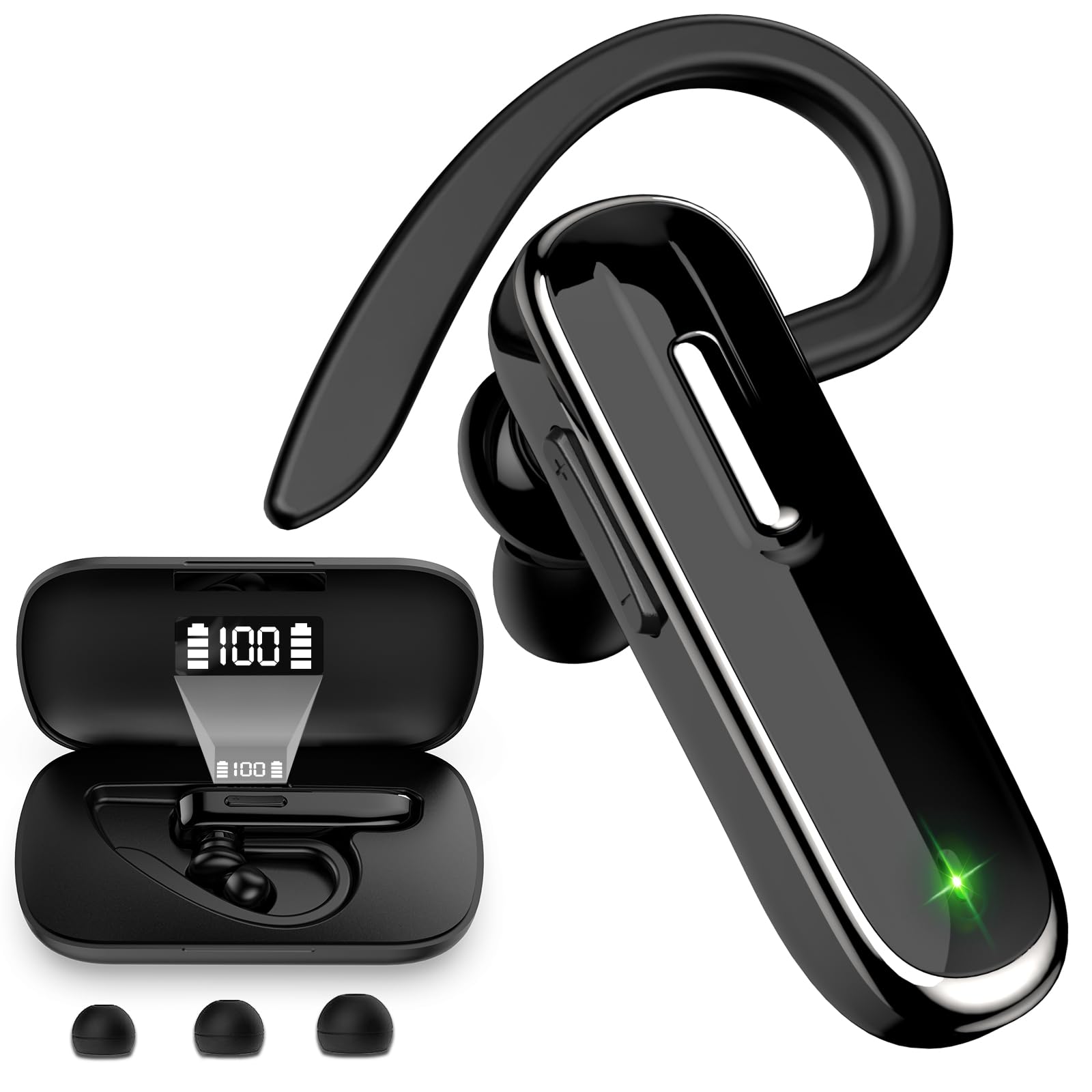Jinreoo Bluetooth Earpiece V5.1, Wireless HandsFree Headset with Charging Case, Builtin Microphone for iPhone Android Business