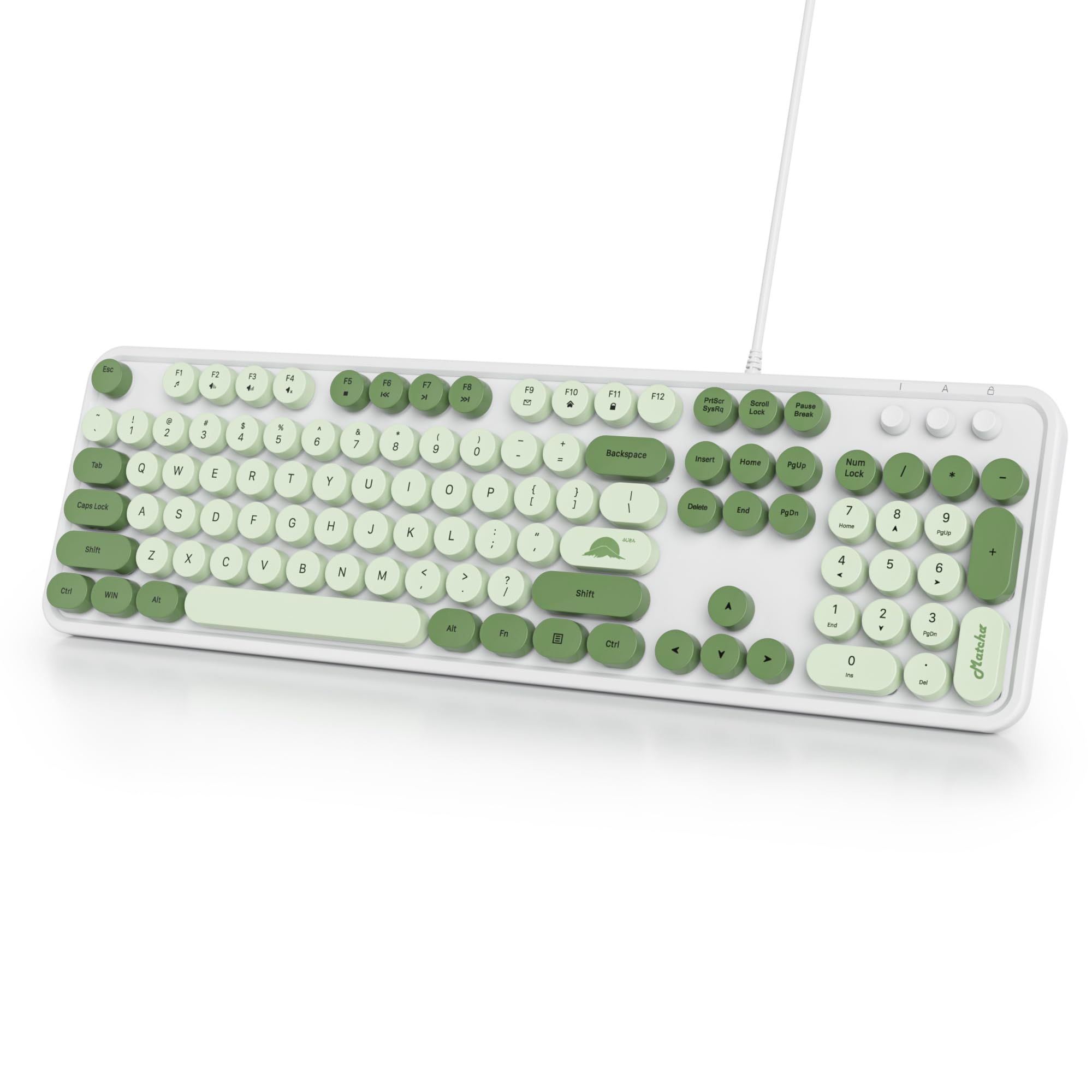 Owpkeenthy Typewriter Green Matcha Cute Keyboard With Floating Round Keys, Full Size Wired Retro Keyboard Click Feeling With Fol