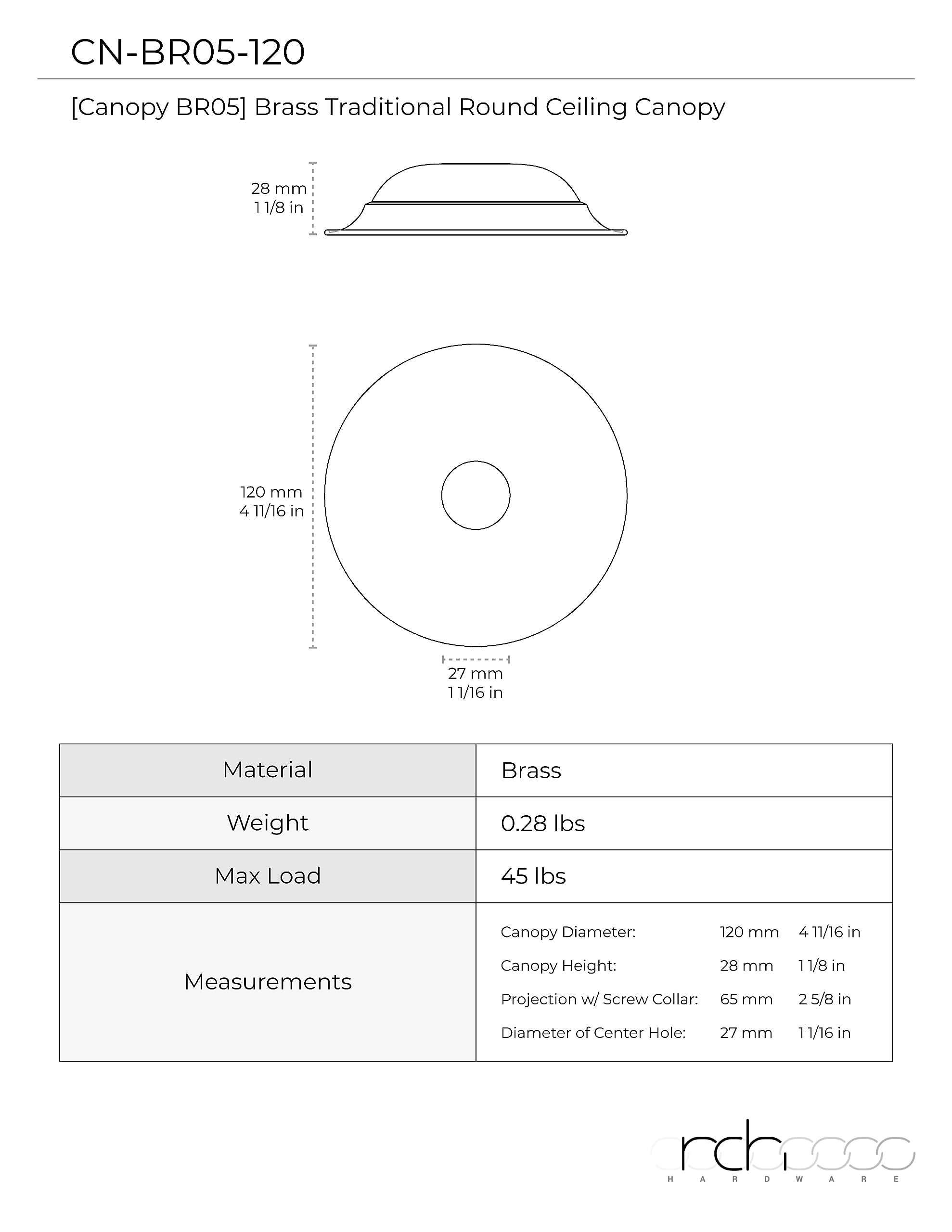 Rch Hardware Cn-Br05-120 Brass Traditional Round Ceiling Canopy, 4.7 Inch, Oil Bronzed Black