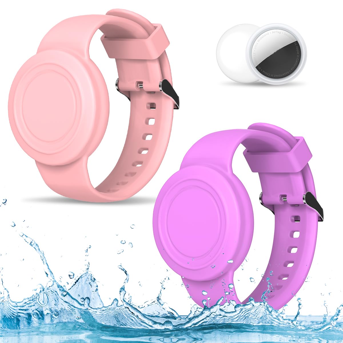 2 Pack Compatible For Airtag Bracelet Kids, Waterproof Air Tag Holder Hidden Full Coverage Design Air Tag Accessories, Soft Silicone Air Tag Case For Toddlers Childs Adults (Pink & Purple)