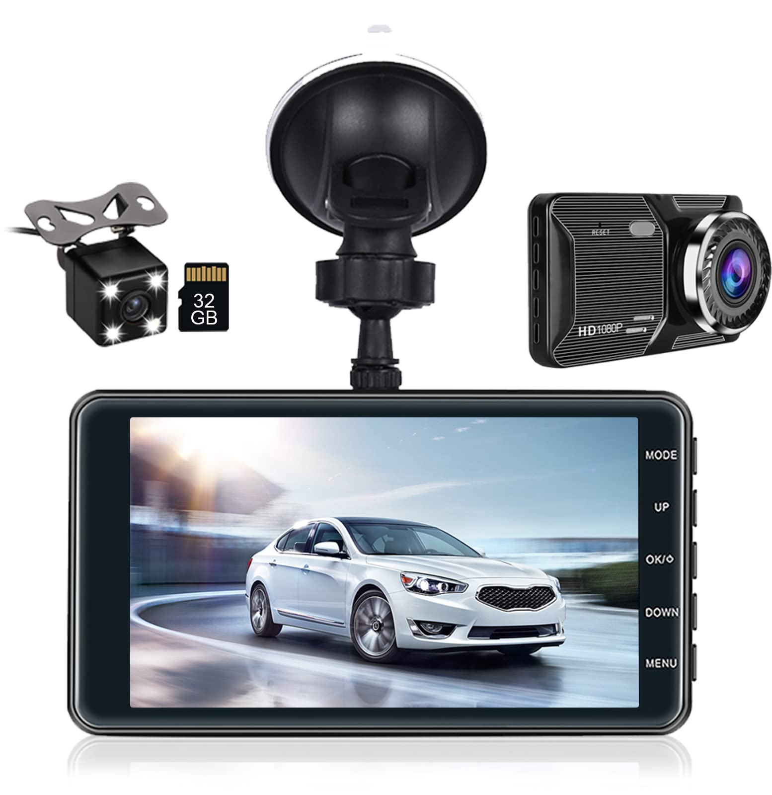 Roinvou Dual Dash Cam Front And Rear View, 4'' Lcd Touch Screen Fhd 1080P Dashboard Camera Recorder Car Dashcam With Rear Camera