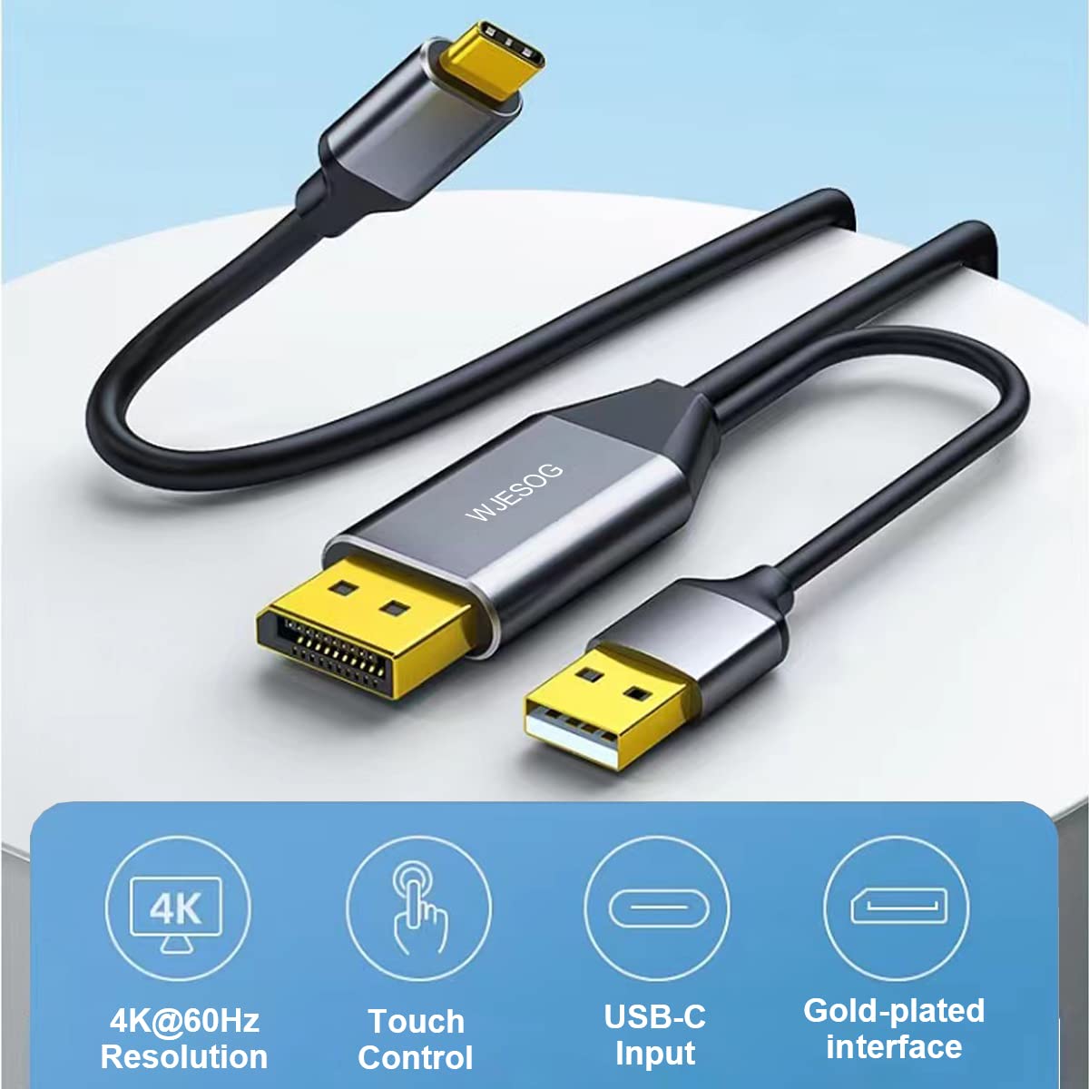 Wjesog Displayport To Usb C Cable 6.6Ft 4K@60Hz With Usb Cable Adapter,Dp Male To Type-C Male Converter Support Touch With Nreal