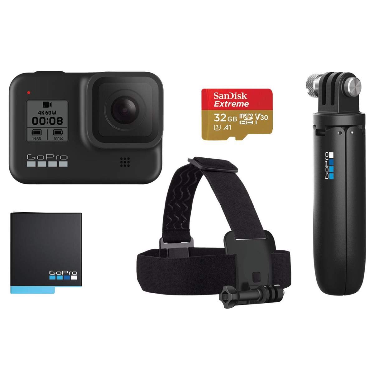 GoPro HERO8 Black Retail Bundle - Includes HERO8 Black Camera Plus Shorty, Head Strap, 32GB SD Card, and 2 Rechargeable Batterie