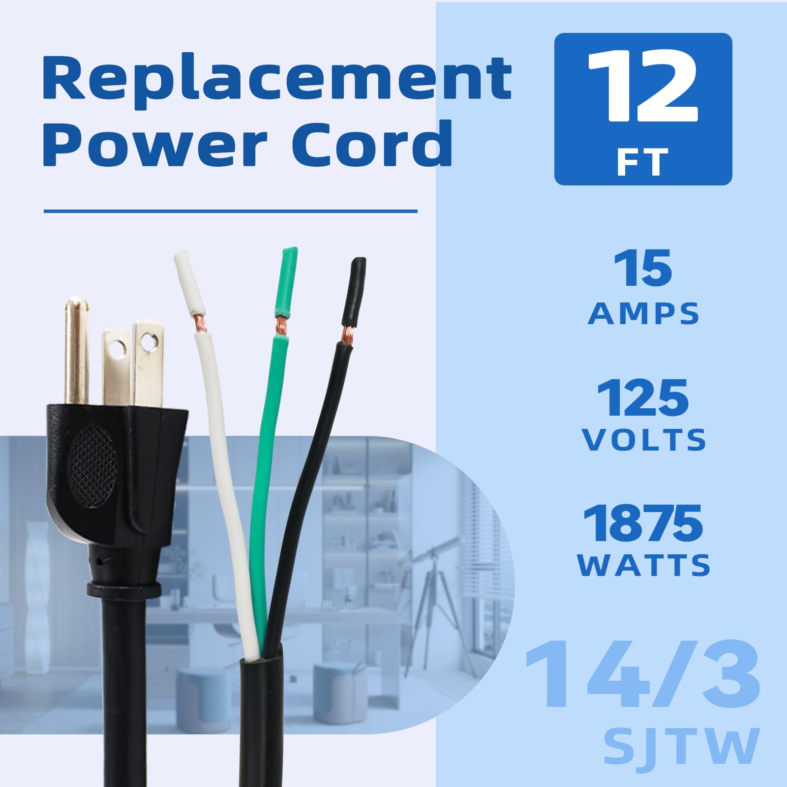 Ep 2 Pack 12 Ft 14/3C Sjtw Appliance And Power Tool Cord, 14 Gauge 3 Prong Heavy Duty Replacement Power Supply Cord Cable, 110V