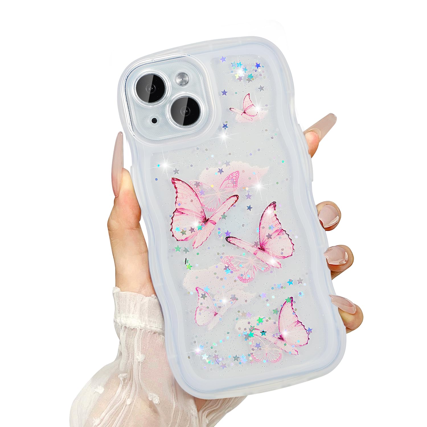 UEEBAI Wave Butterfly Case for iPhone 13 Case, Pretty Bling Star Butterfly for Women Cute Shiny Glitter Phone Cover for Girls Bl