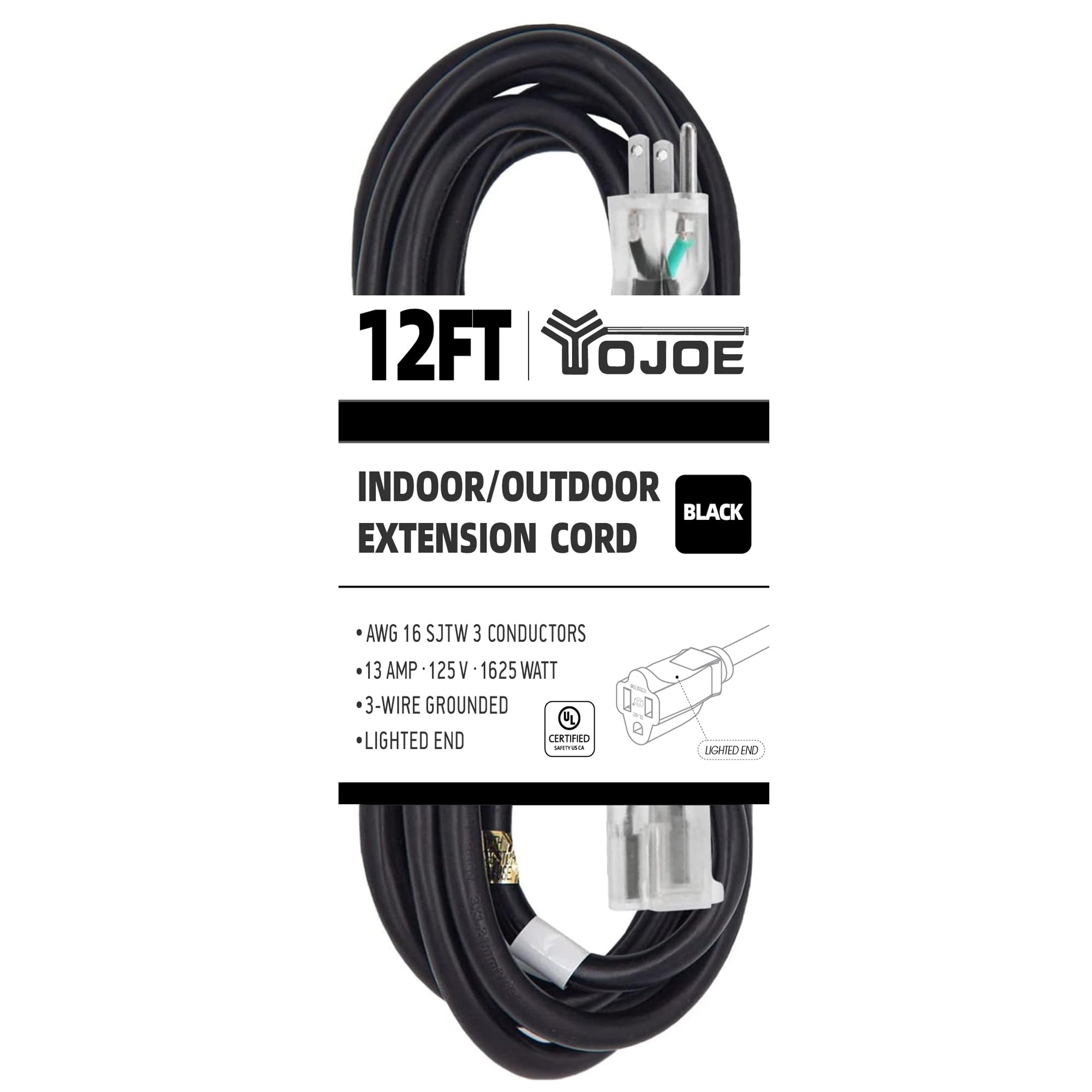 Yojoe Indoor Outdoor Extension Cord With Lighted End, 3 Prong 13A Weatherproof Power Extension Cord, 16 Gauge Heavy Duty 12 Ft B