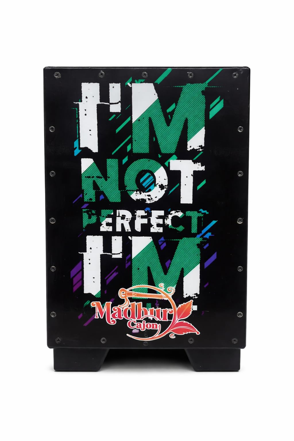 Cajon Percussion Box, Black, Im Not Perfect Graphic Print Design
