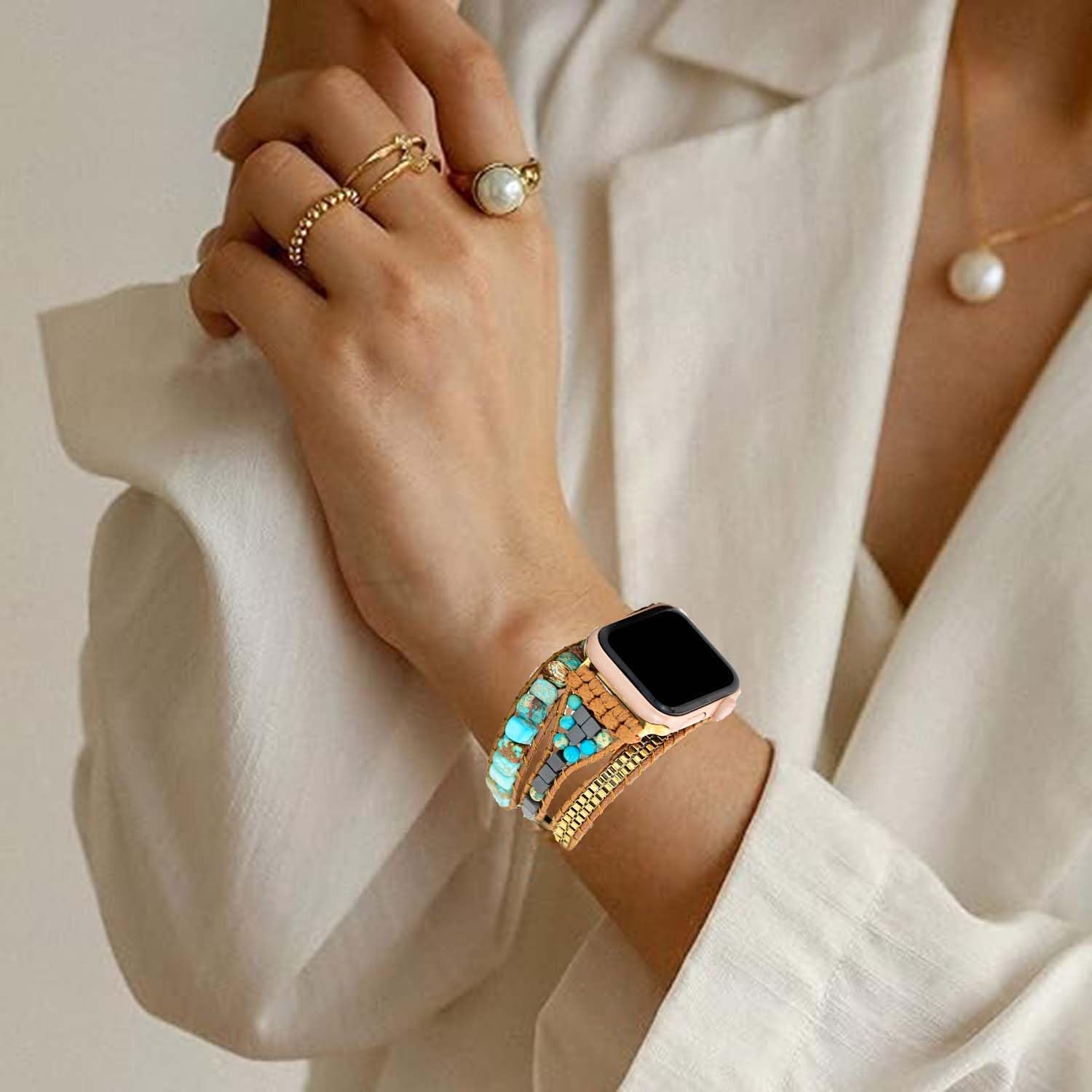 Somesame Compatible With Apple Watch Band 42Mm 44Mm 45Mm 46Mm 49Mm Women Boho Beaded Bracelets,Multilayer 3 Wraps Natural Turquoise Stone Handmade Strap For Iwatch Series 10 9 8 7 6 5 4 3 2 Se Ultra