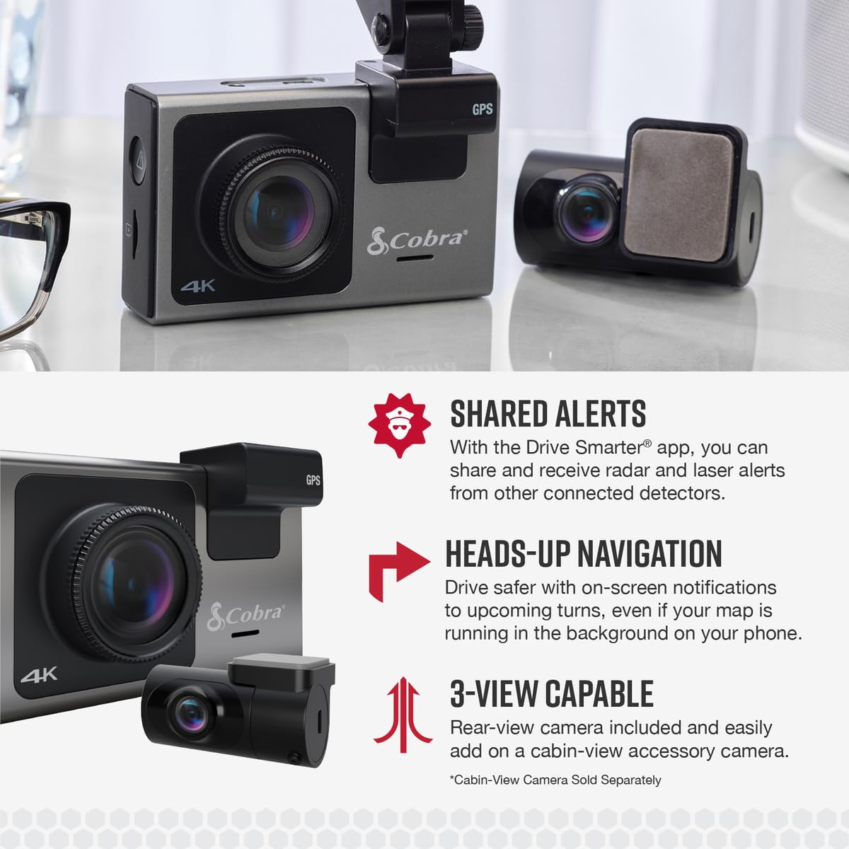 Cobra Smart Dash Cam + Rear Cam (Sc 400D) � Uhd 4K Resolution, Alexa Built In, 3 Camera Capable, Live Police Alerts, Emergency Mayday, Drive Smarter App, 3' Touchscreen, Wi Fi & Gps, 32Gb Sd Card Incl