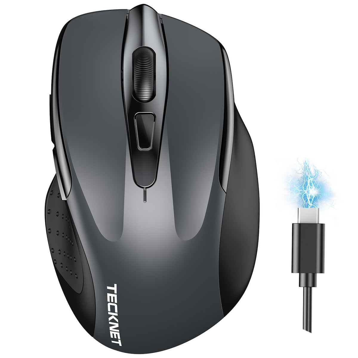 Tecknet Wireless Mouse (Bt5.0/3.0 & 2.4G) Rechargeable 4800 Dpi Silent 6 Button Bluetooth & Usb A Mouse - Wide Compatibility - Grey