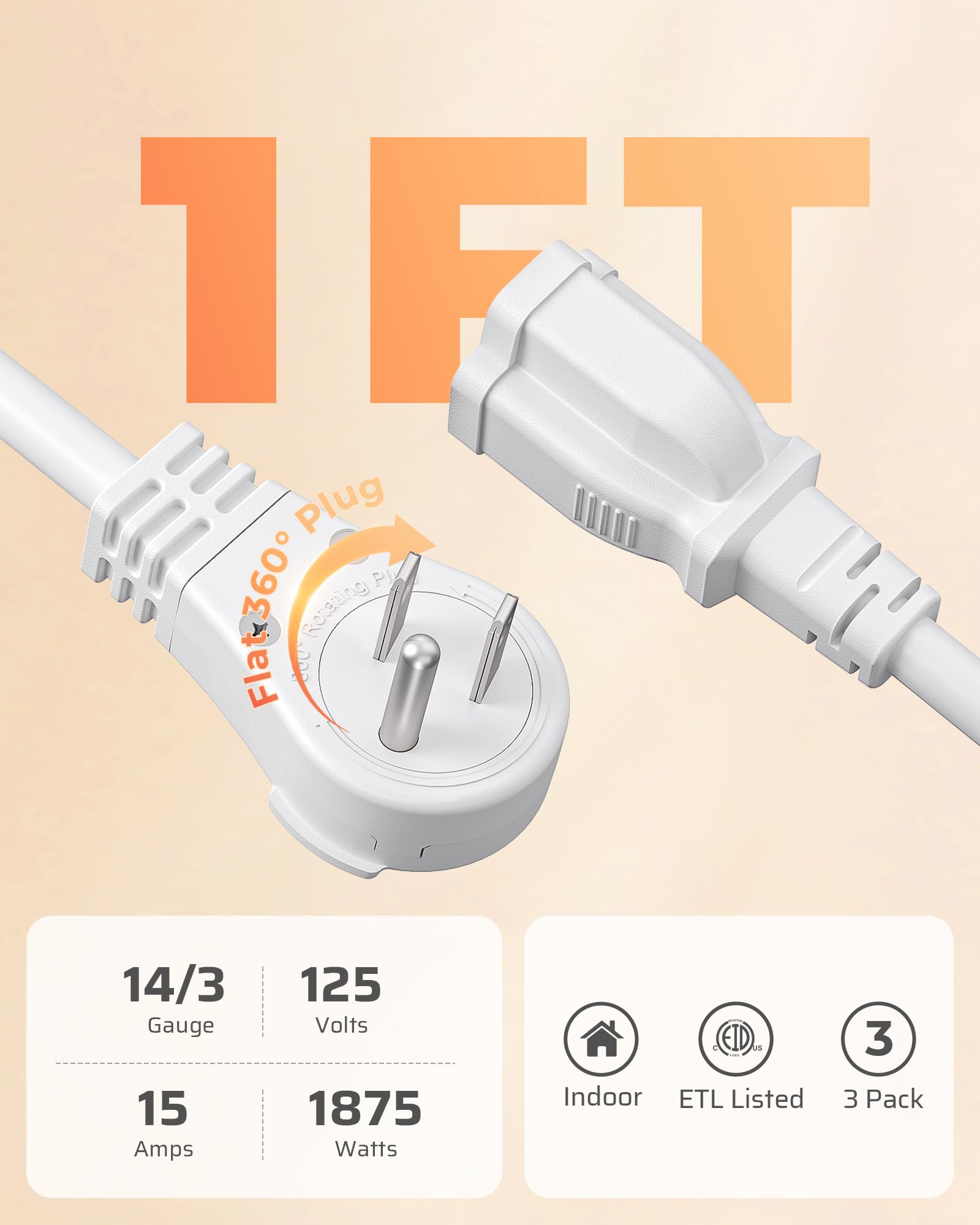 Dewenwils 360 Rotating Flat Plug Extension Cord 1 Foot, 14/3 Gauge 3 Prong Grounded Wire, 15A/1875W Heavy Duty Power Cord, Space