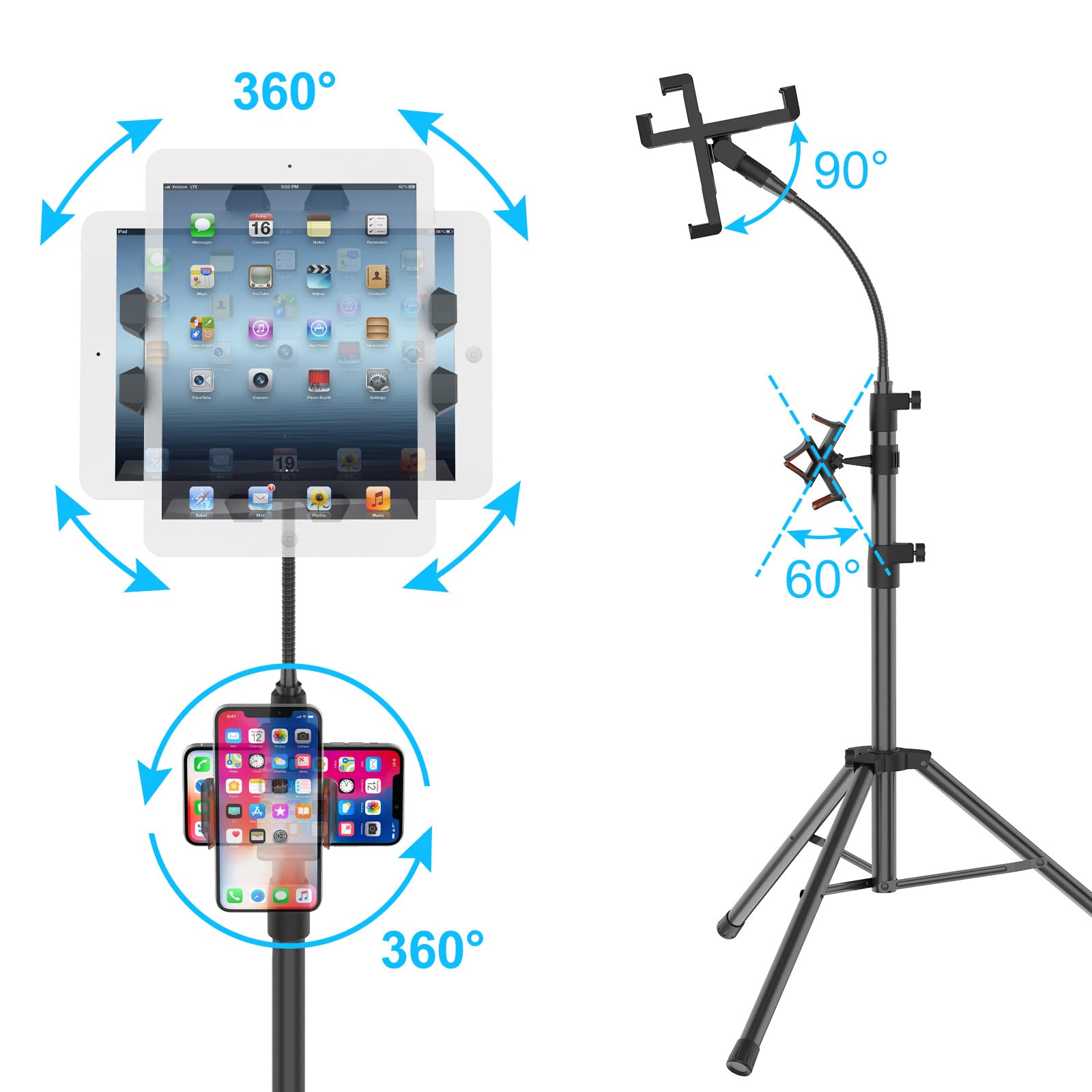 Liugast Tripod Stand For Ipad,Gooseneck 63 Inch Floor Stand For Tablet,Floor Stand For Ipad Tripod With 360 Rotating Mount For M