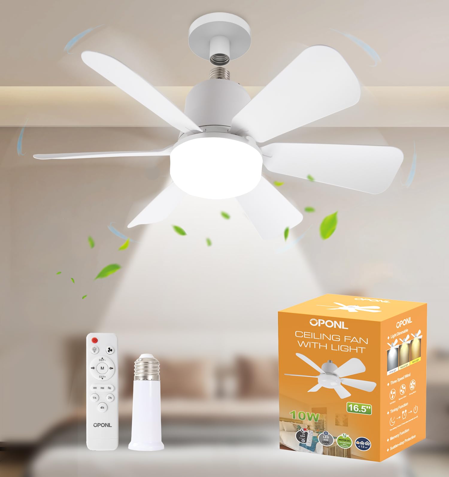 OPONL Socket Fan Light with Remote, 3-Speed Dimmable LED White Socket Ceiling Fan, 6 Colors 3000K-6000K, 1000 Lumens light bulb 