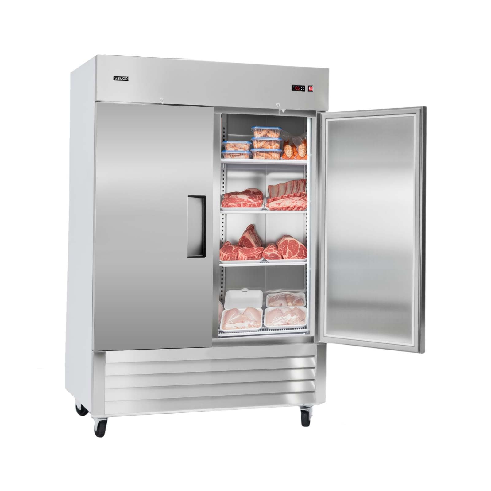 VEVOR Commercial Reach-In Freezer 54 W, 44 Cu.Ft Stainless Steel Upright Freezer with Double Doors, Auto-Defrost, 8 Adjustable S