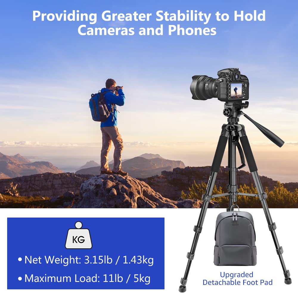 Aureday 74�� Camera Tripod With Travel Bag,Cell Phone Tripod With Wireless Remote And Phone Holder, Compatible With Dslr Cameras,Cell Phones,Projector,Webcam,Spotting Scopes(Black)