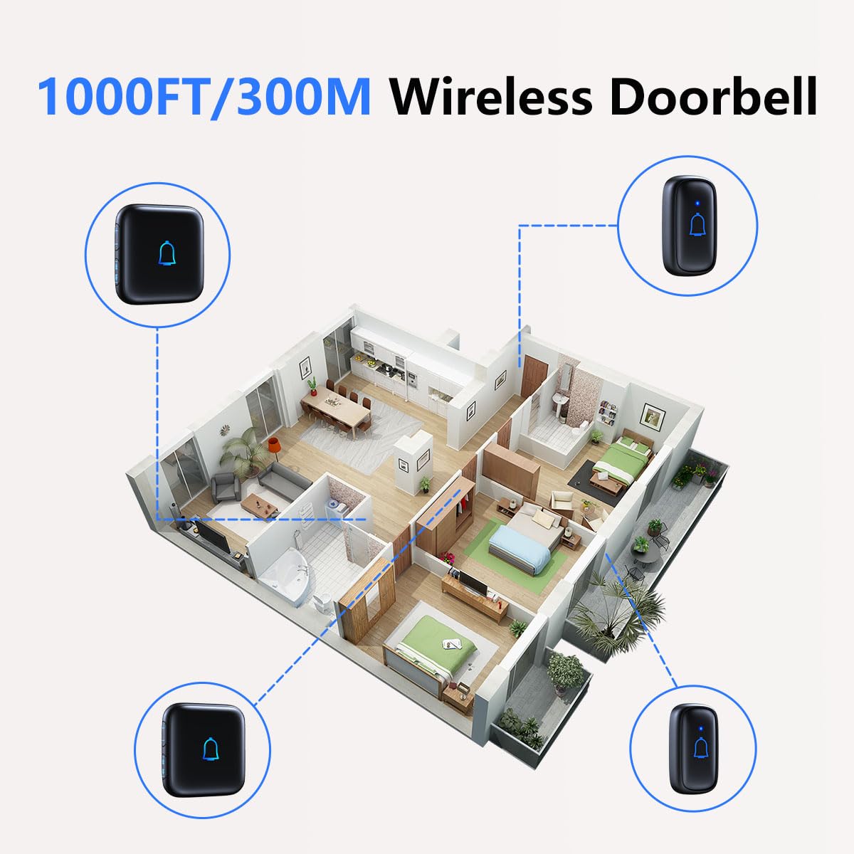 Doorbell Wireless Doorbell Ip66 Waterproof 1000 Feet With 56 Chimes 115Db 7 Volume Levels Mute Mode & Led Flash Doorbell Ringer