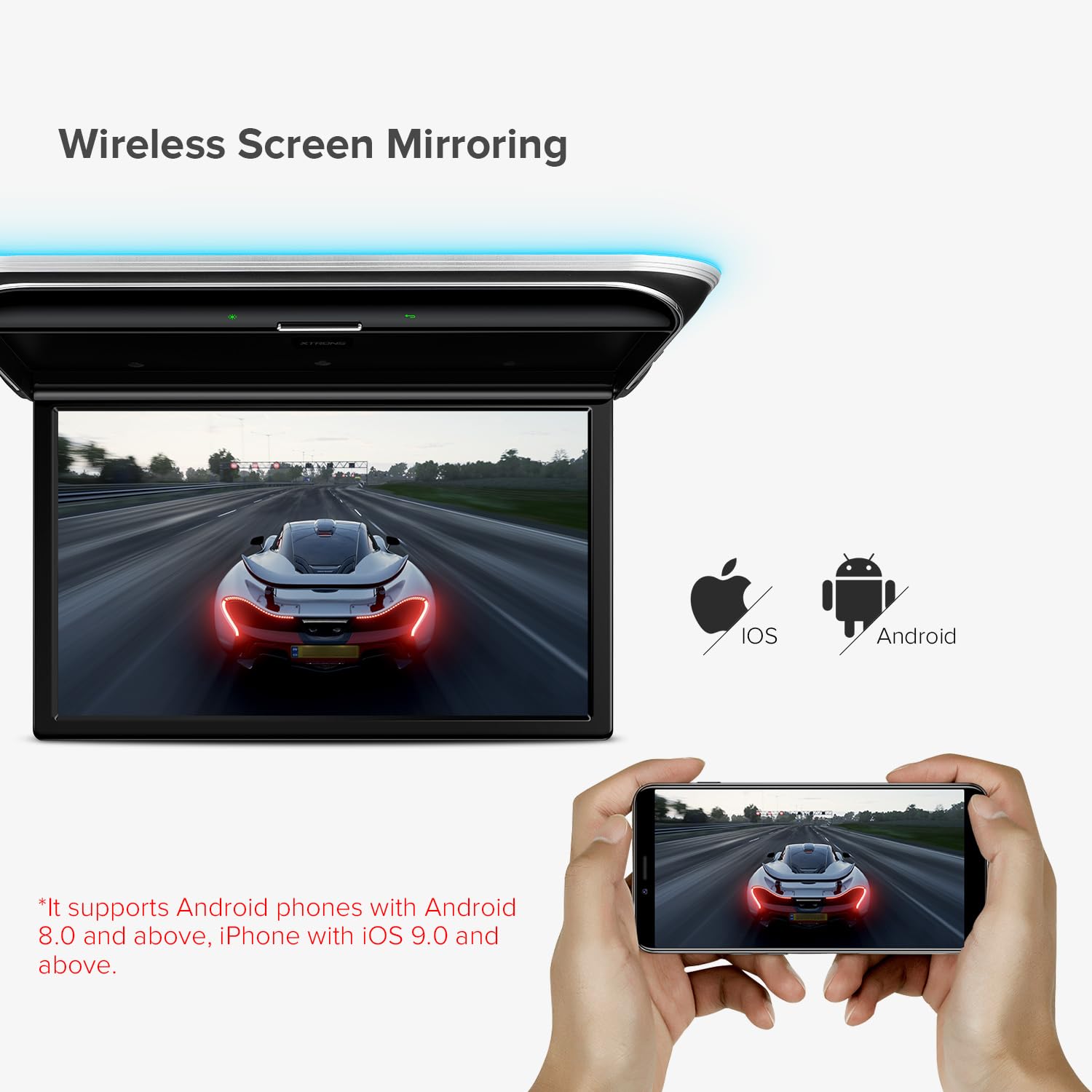 Xtrons Android Car Overhead Player 17.3 Inch Wide Ips Screen 8K Video Car Roof Mount Monitor With Built In Stereo Speakers Flip