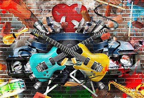 Aofoto 7X5Ft Rock And Roll Music Guitar Backdrop Graffiti Brick Wall Grunge Punk 80S 90S Discos Concert Hip Hop Photography Back