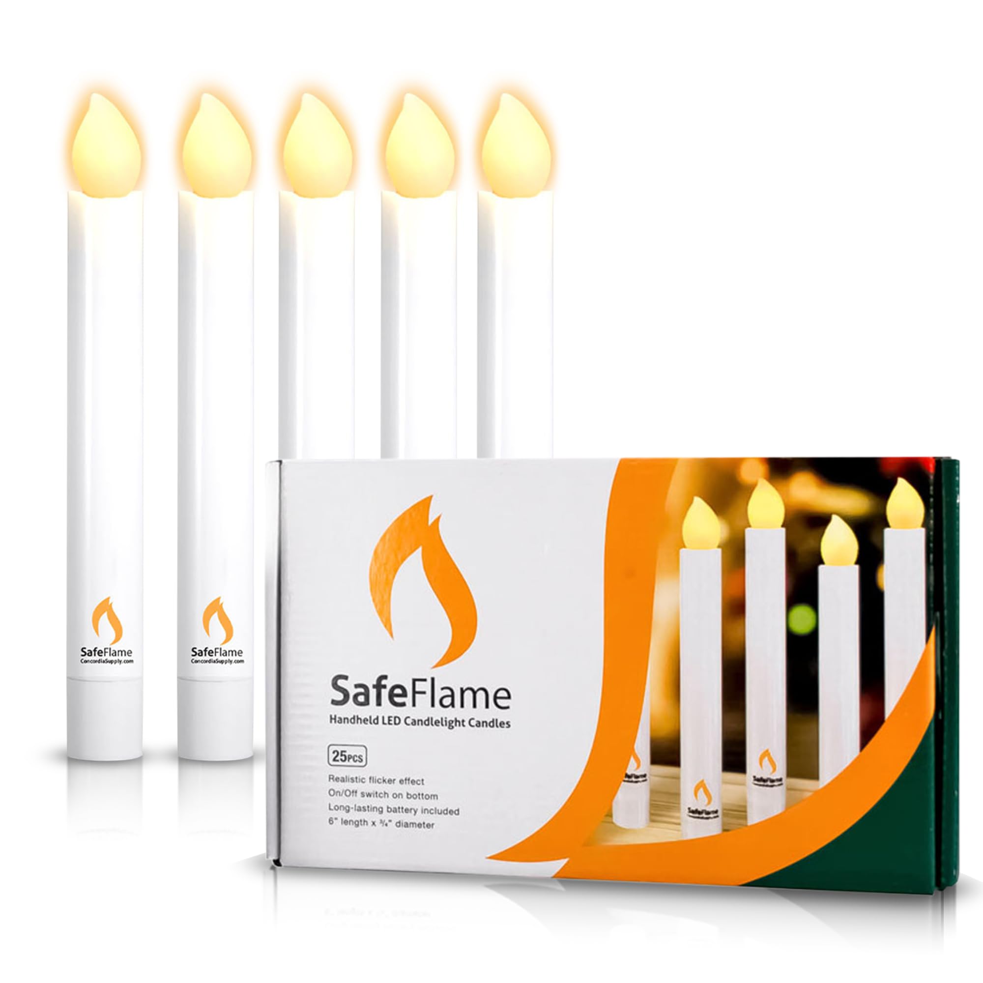 Concordia Supply Safeflame Led Candlesticks   6'' (25 Pack) Handheld Battery Operated Candles W/Flickering Effect   Perfect For