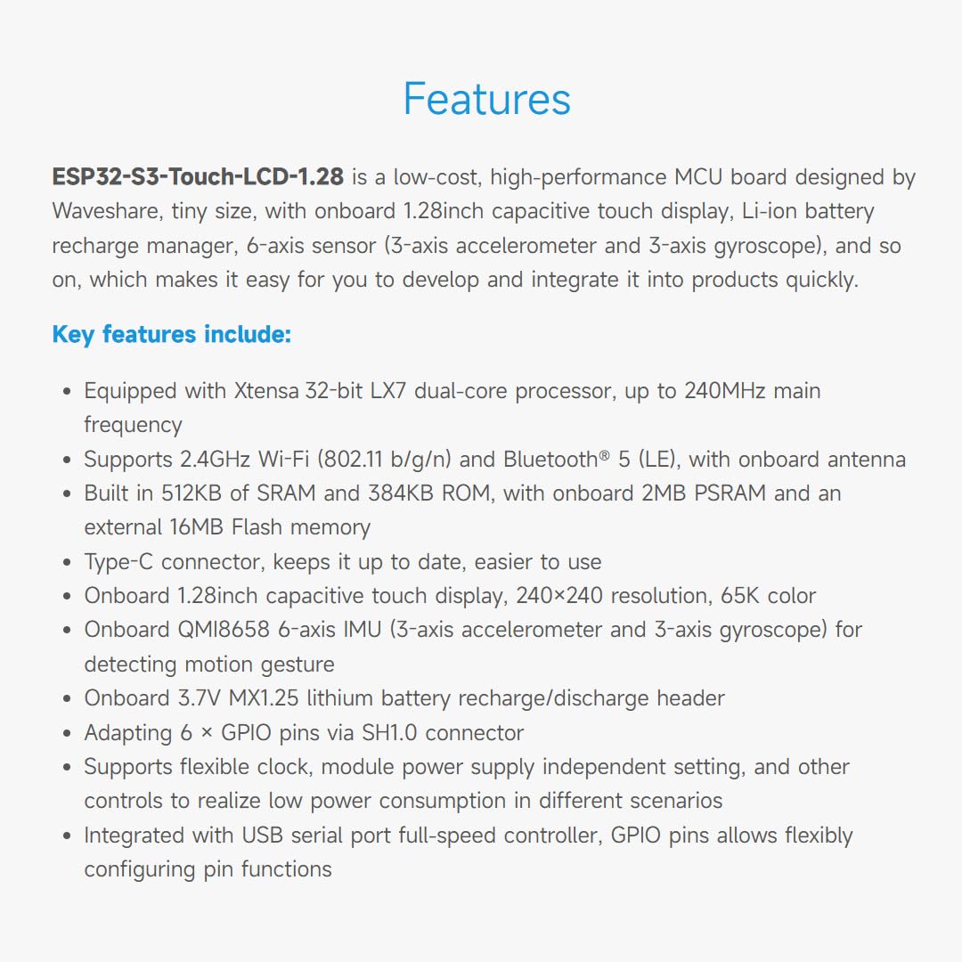 Waveshare Esp32 S3 Development Board, With 1.28Inch Round Touch Lcd, Compact Size, Accelerometer And Gyroscope Sensor