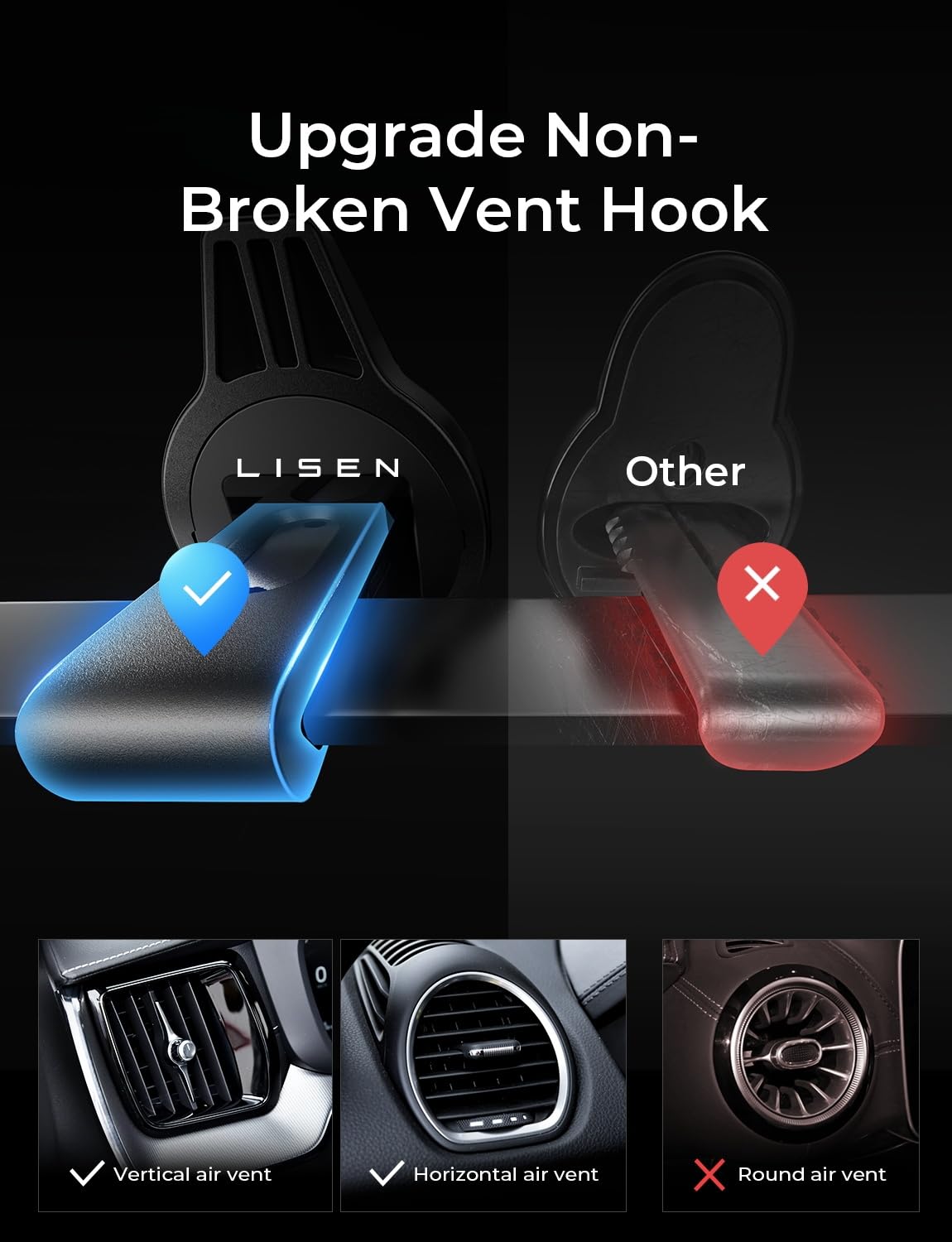 Lisen 2 Pack Fits Magsafe Car Mount, Magnetic Phone Holder For Car[24 Super Magnets]Car Vent Phone Mount, Mag Safe Phone Holder