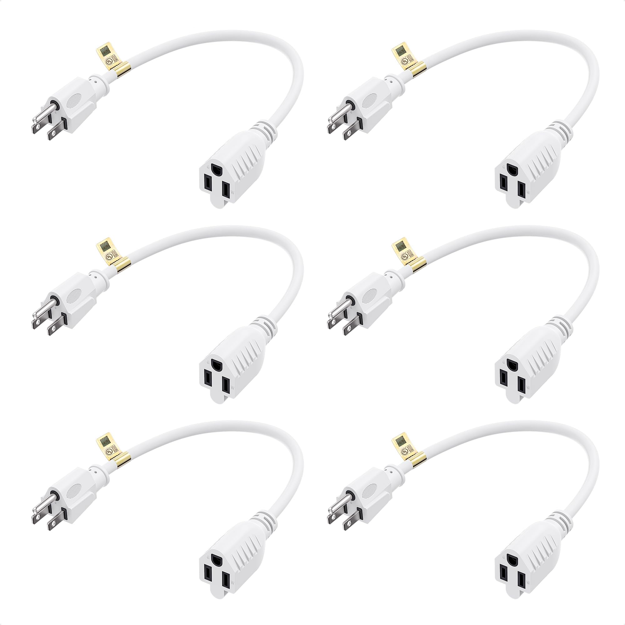 Cable Matters [Ul Listed] 6 Pack 16 Awg Heavy Duty 13A Short Power Extension Cord 1 Ft In White, (Power Cord Extension / 3 Prong