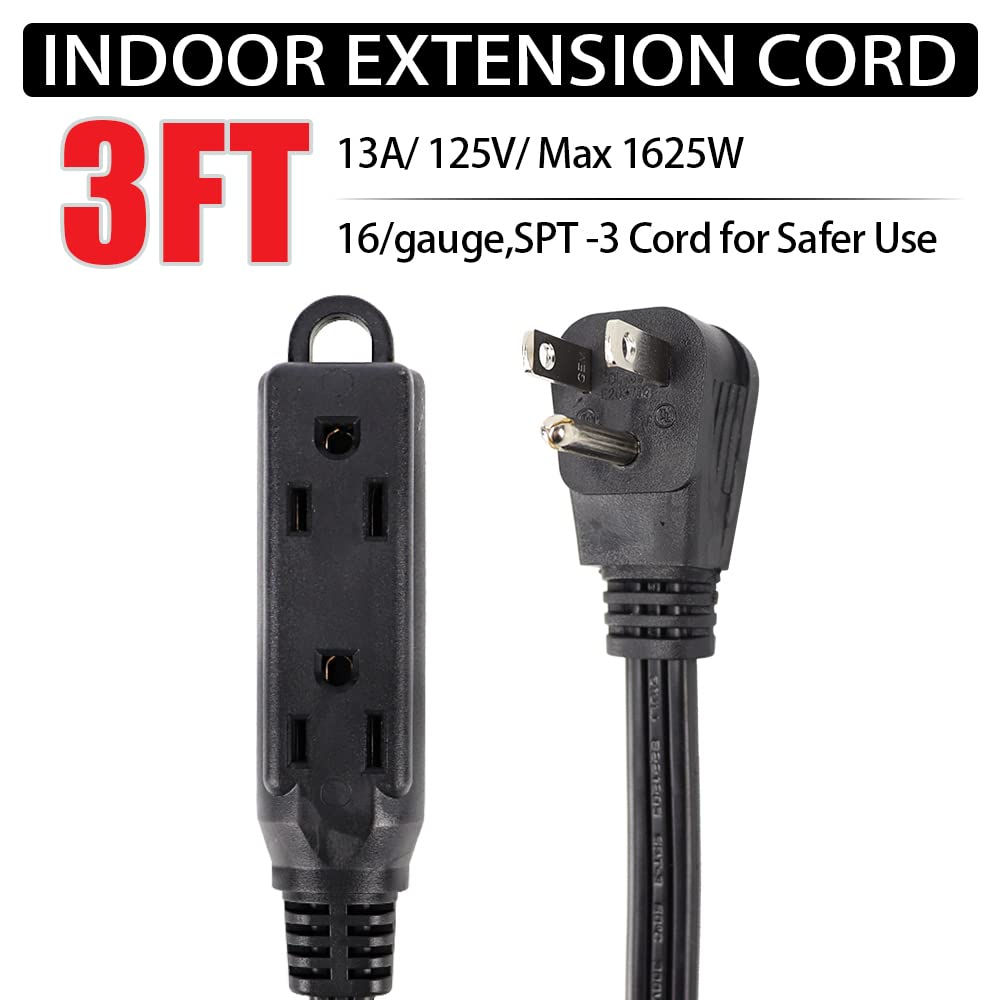 Ep 3 Ft 3 Outlet Extension Cord With Flat Plug, 3 Prong Grounded, 16/3 Spt 3 Power Cable For Indoor Use, Black, 2 Pack