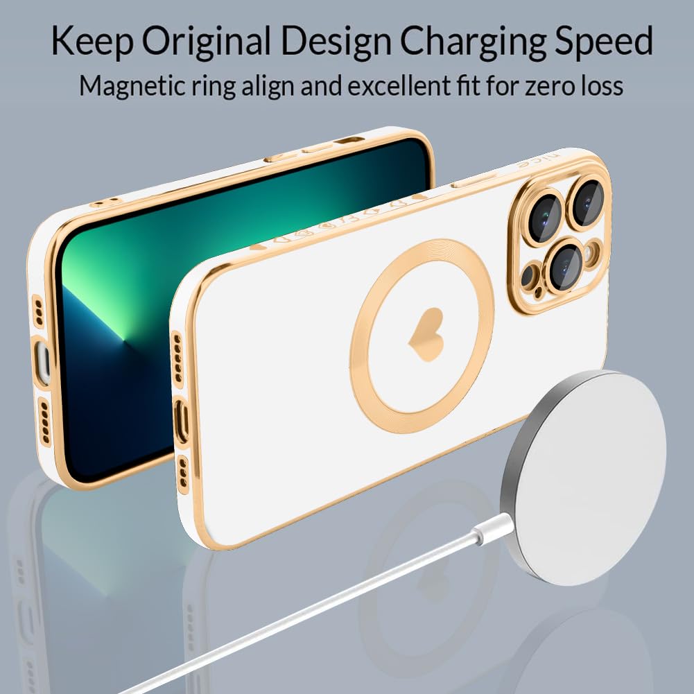 Tharlet Magnetic Shockproof For Iphone 13 Pro Max Case [Compatible With Magsafe] Cute Love Luxury Plating Edge Bumper Case With
