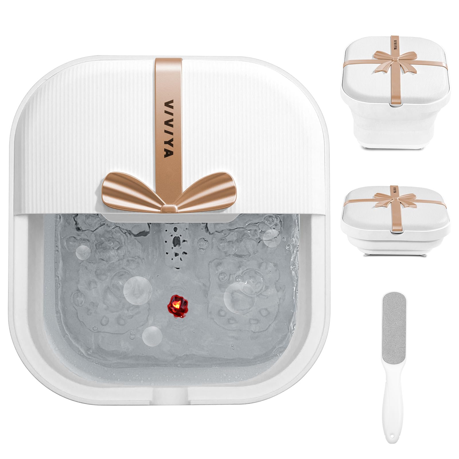 VIVIYA Collapsible Foot Bath Spa with Heat and Massage Rollers, Foldable Foot Soak Tub with Bubbles Jets and LED Light, Pedicure