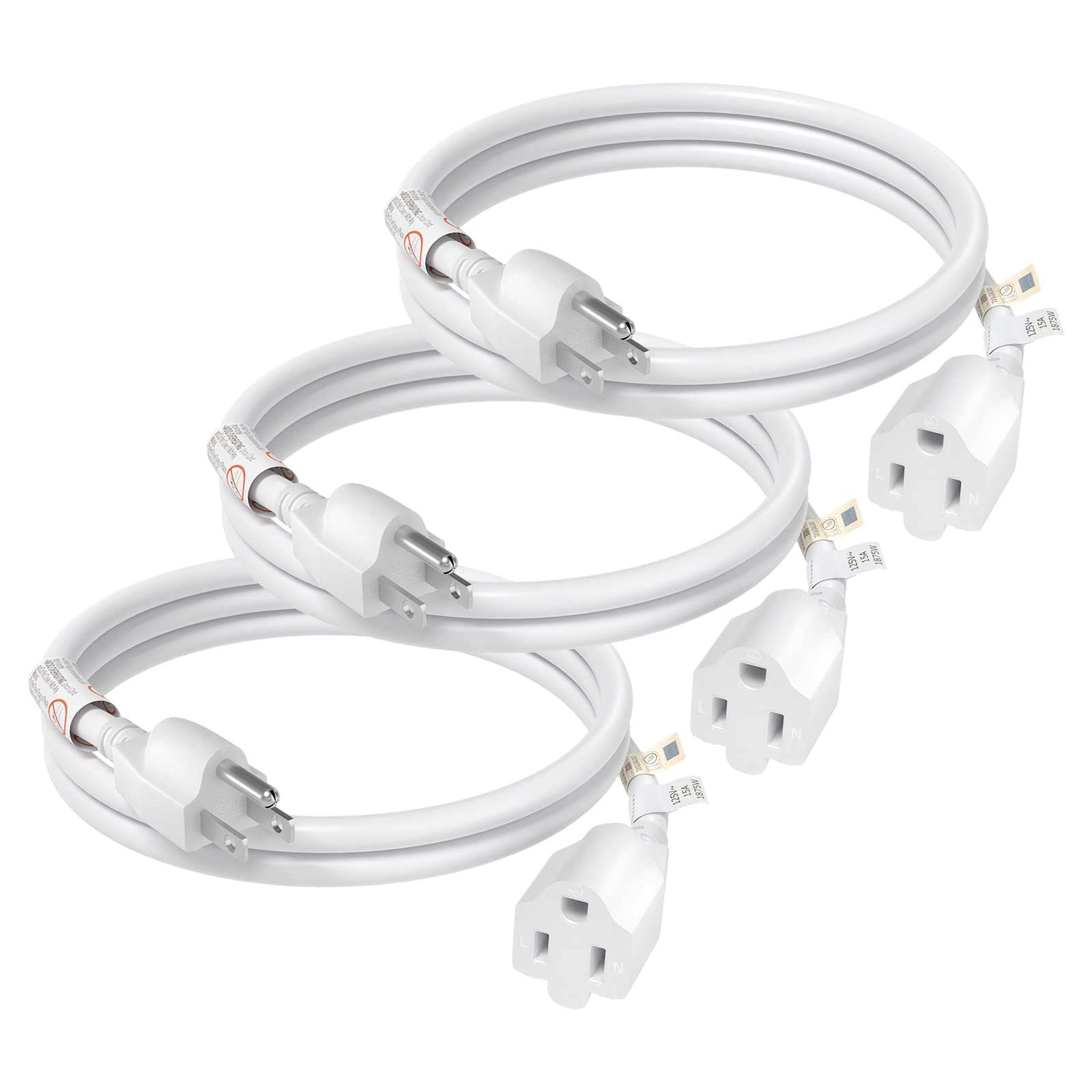 Firmerst 3 Ft Extension Cord White, 3 Pack, 14 Awg, 1875W, Ul Listed