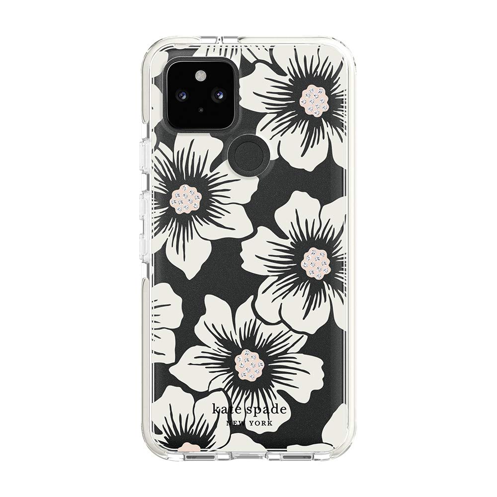 Kate Spade New York Defensive Hardshell Case For Google Pixel 5   Hollyhock Floral Clear/Cream With Stones