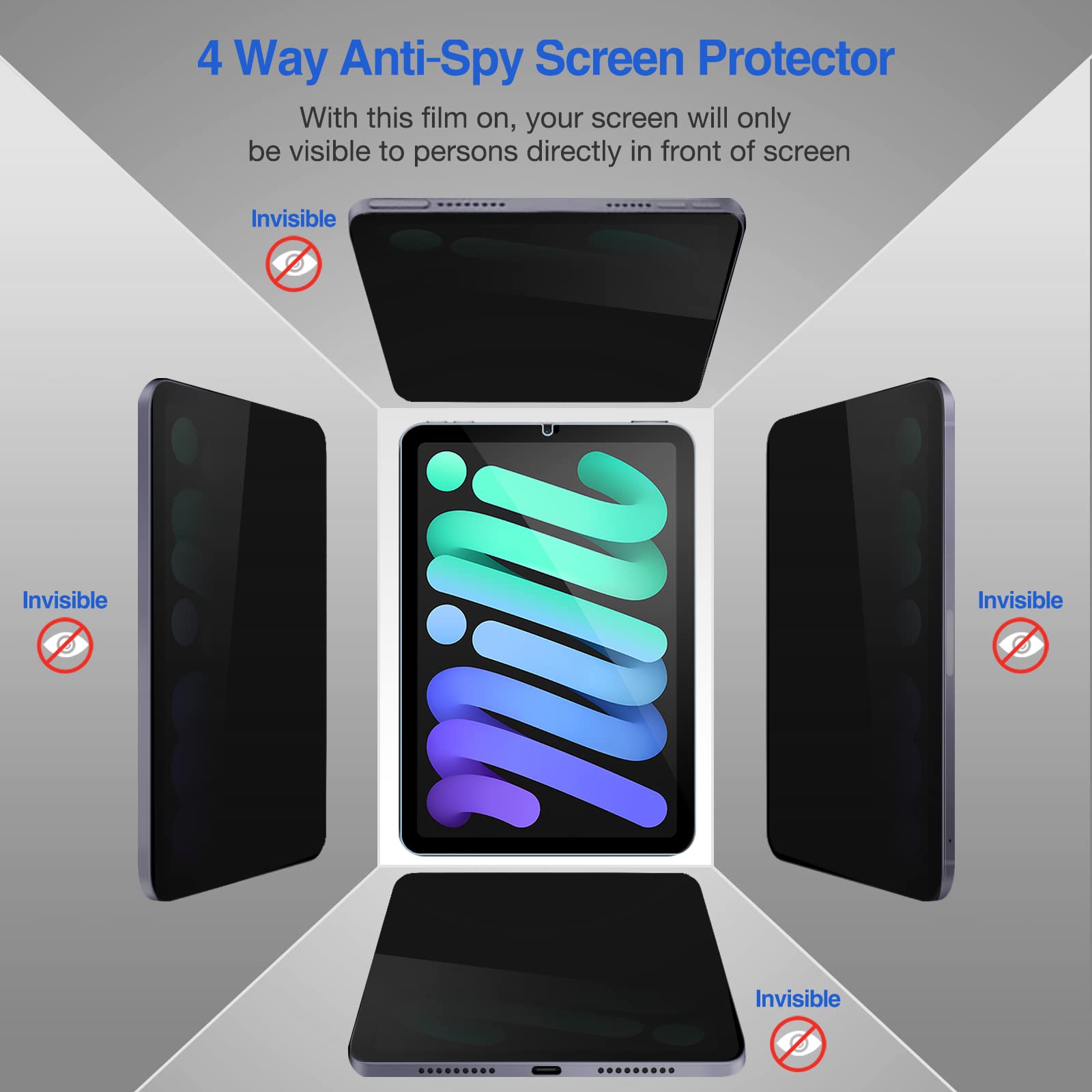 Procase For Ipad Mini 7Th(A17 Pro) 2024 / Mini 6Th Generation 8.3' 2021 4 Way Privacy Screen Protector, 360 Degree Anti Spy Tempered Glass Film Guard For Ipad Mini 7 6 8.3 Inch
