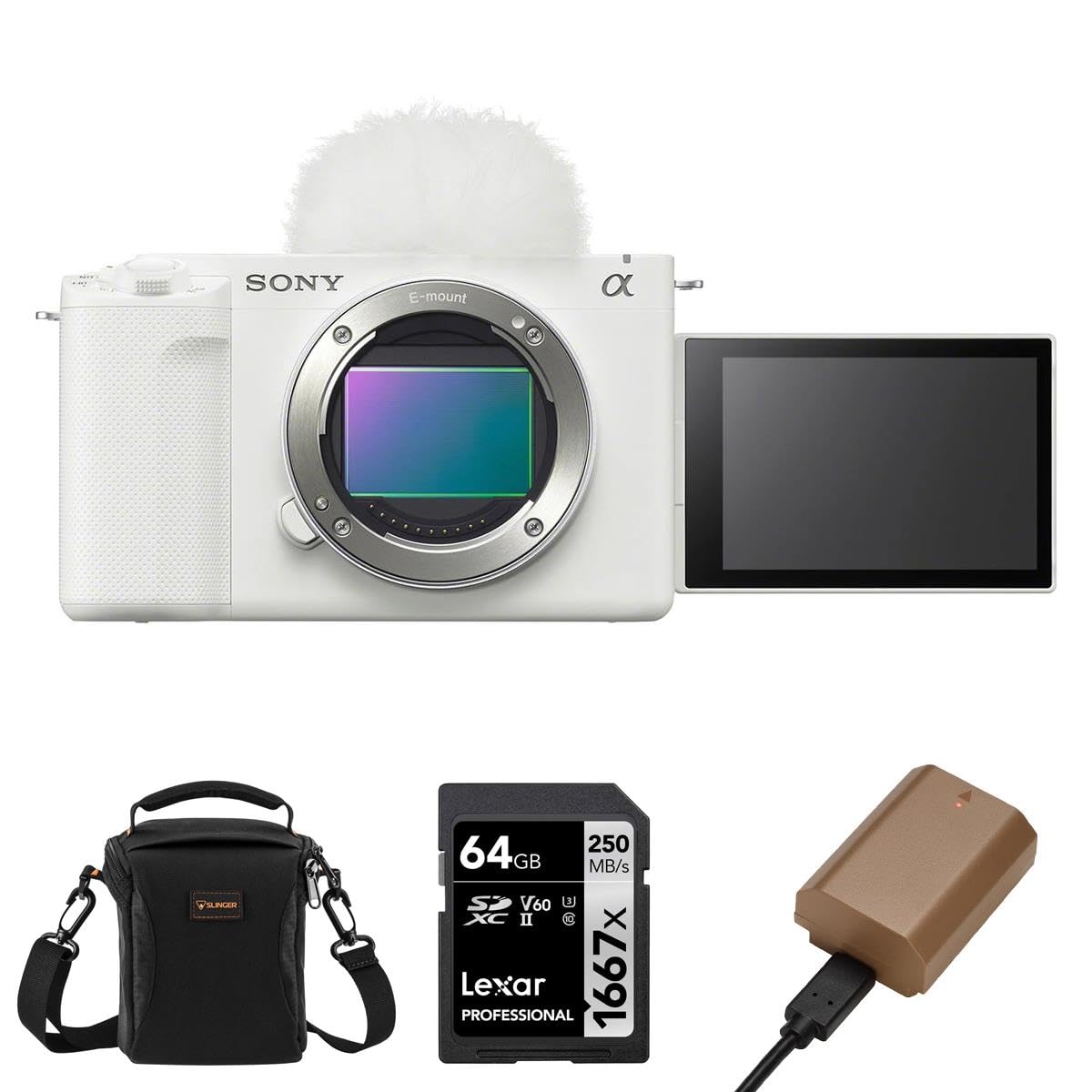Sony ZV-E1 Full-Frame Interchangeable Lens Mirrorless Vlog Camera, White - Bundle with Alpine 120 Shoulder Bag, 64GB UHS-II SDXC