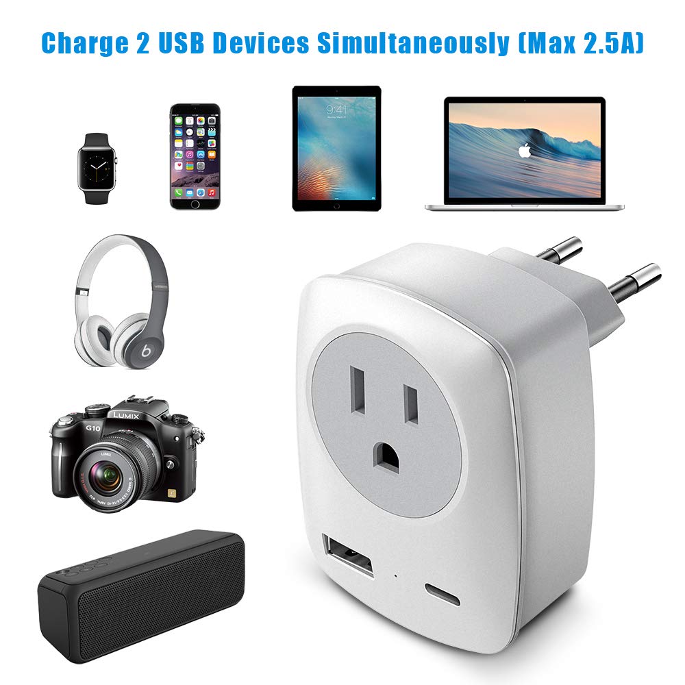 European Travel Plug Adapter With Usb C Charging Port (Not For Uk) Europe Outlet Converter For Spain France German Greece Icelan