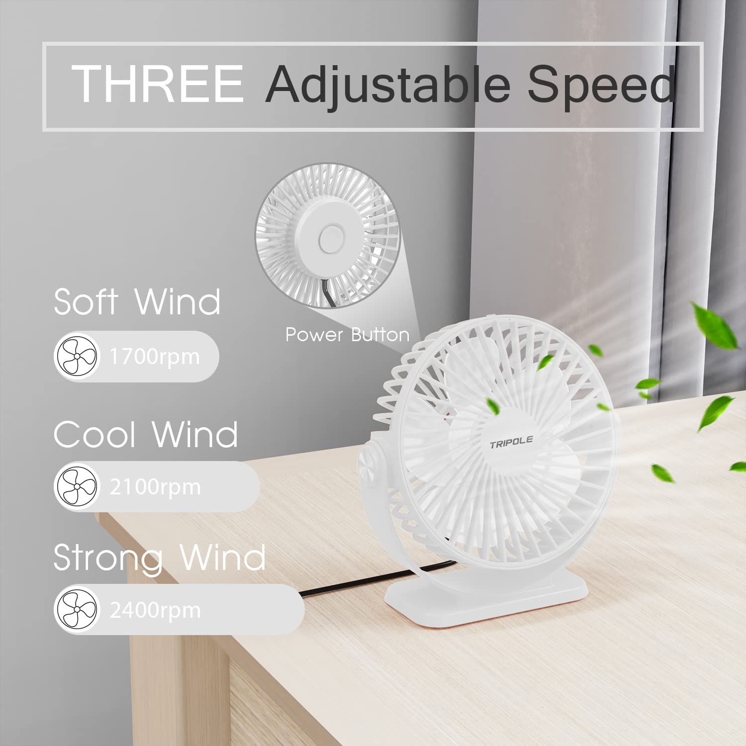 Tripole Small Desk Fan Usb Powered Personal Fan 3 Speeds Strong Airflow Mini Fan 360Rotation Portable Fan 5.1 Inch Table Fan For
